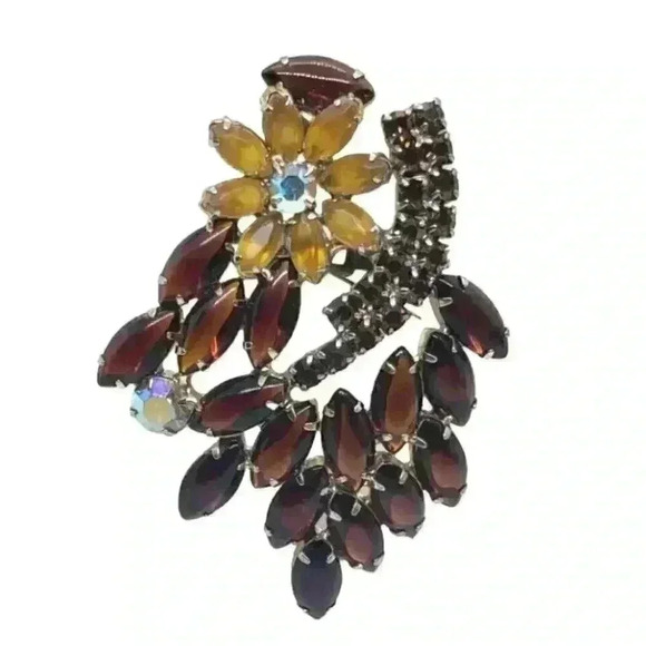 Vintage Rhinestone Brooch Citrine Flower Brown Open Back AB Drama Statement - Picture 1 of 9